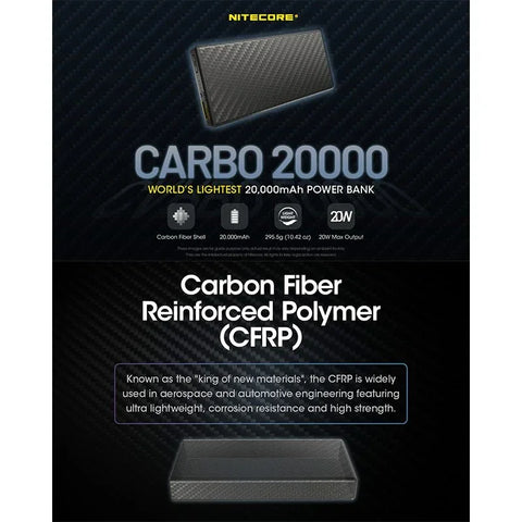 Nitecore CARBO 20000 Power Bank - Portabelt batteri - 20000mAh, 2xUSB Typ A/C, QC 3.0 / PD 20W, 5V, 3A - Kolfiber