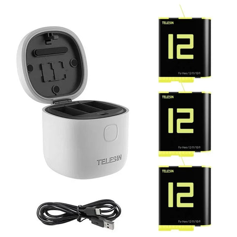 Telesin batterier 3st och allInBox med förvaring för batterier + microSD Läsare - Trippel - för GoPro Hero12/11/10/9 Black