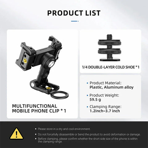 Telesin PM-001 Multifunctional Phone Holder - Fäste / Hållare Mobiltelefon Med Tillbehörshållare + 1/4" gänga till 1/4" Skruv - Action King
