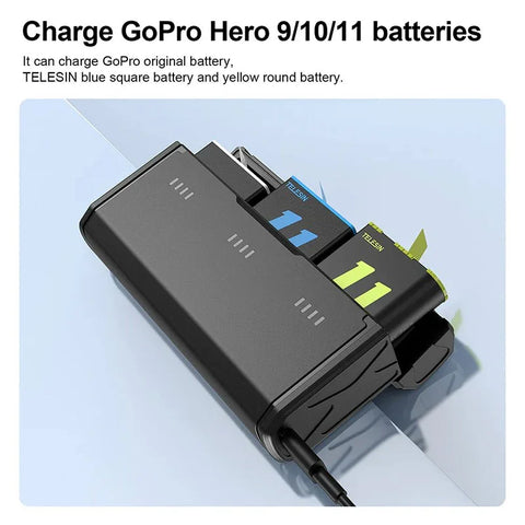 Telesin Batteriladdare Pocket Box med förvaring för 3st batterier + 2st microSD - För GoPro Hero12/11/10/9 Black - Action King