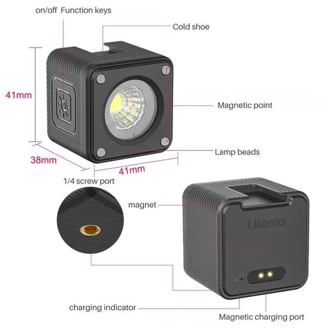 Ulanzi L2 Cute Light Vattentät Belysning LED för foto / video - 800mAh internt batteri - 1000 Lux - Kit - Action King