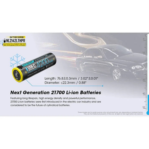 Nitecore NL2142LTHPR Li-ion 21700 Batteri Low Temp - 4200mAh, 3,6V, Max 15A, USB-C Laddning