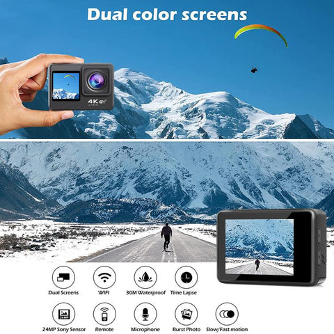 4K Actionkamera med WiFi, 2.4G-fjärr & dubbla skärmar