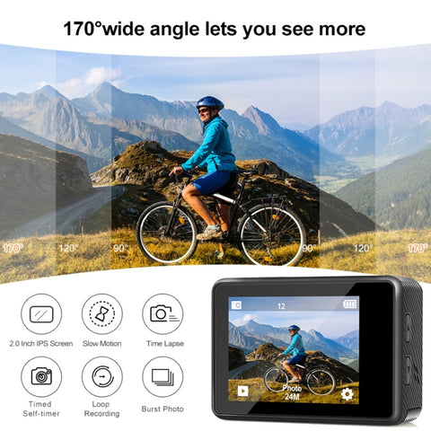 4K Actionkamera med WiFi, 2.4G-fjärr & dubbla skärmar