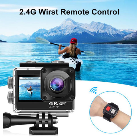 4K Actionkamera med WiFi, 2.4G-fjärr & dubbla skärmar