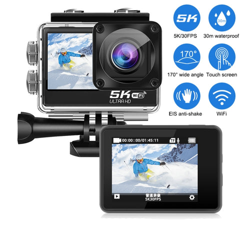 5K/30 fps Wi-Fi HD sportkamera – dubbla skärmar, pekskärm, bildstabilisering & IP68