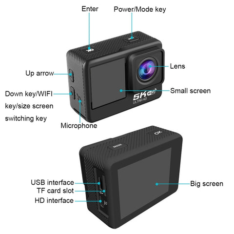 5K/30 fps Wi-Fi HD sportkamera – dubbla skärmar, pekskärm, bildstabilisering & IP68