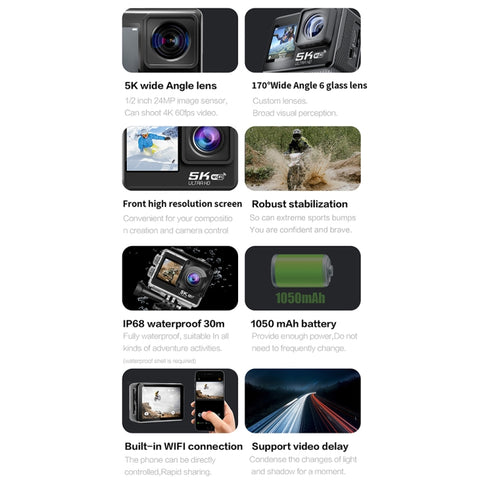 5K/30 fps Wi-Fi HD sportkamera – dubbla skärmar, pekskärm, bildstabilisering & IP68