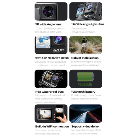 5K/30FPS WiFi Actionkamera – Dubbel skärm, Touch, Anti-Shake & IP68