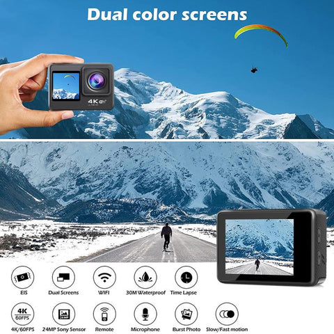 4K/60fps Actionkamera – WiFi, EIS Anti-Shake, Pekskärm & Dubbla färgskärmar