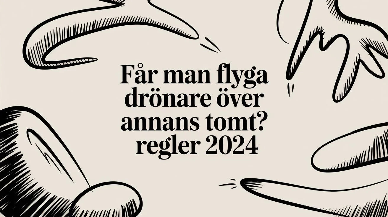 Illustration med text om regler för att flyga drönare över annans tomt 2024 i svartvit design