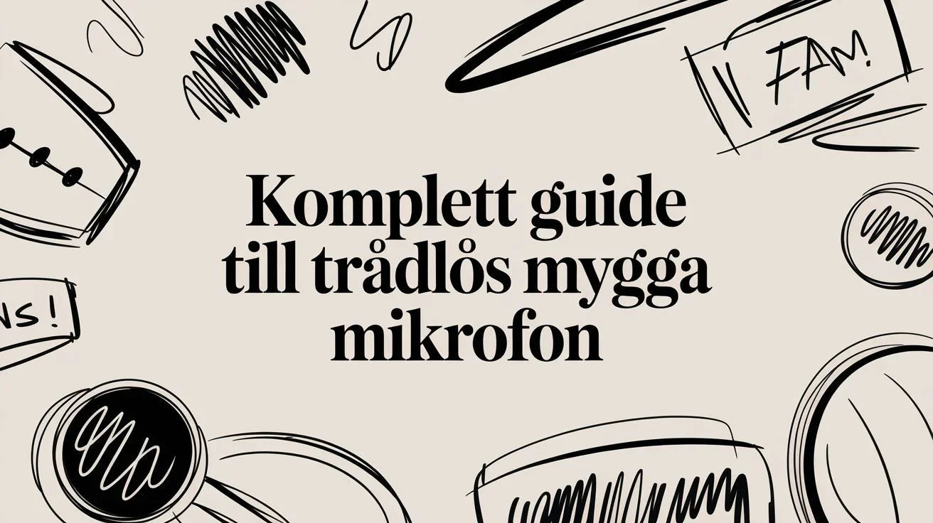 Text Komplett guide till trådlös mygga mikrofon med svarta handritade skisser på beige bakgrund