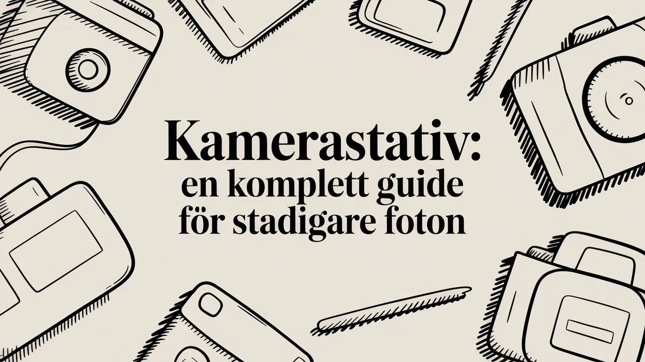 Illustration med skisser av kameror runt texten Kamerastativ en komplett guide för stadigare foton