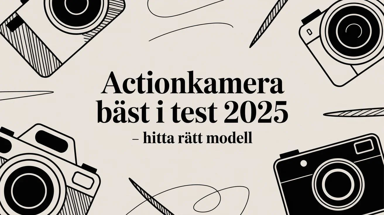 Svartvita tecknade kameror runt texten Actionkamera bäst i test 2025 hitta rätt modell på ljus bakgrund
