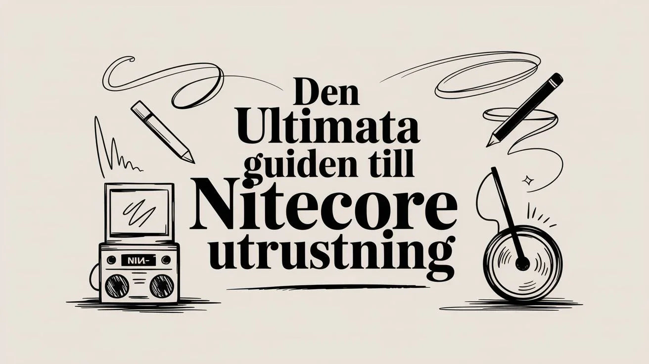 Svartvit illustration med texten Den Ultimata guiden till Nitecore utrustning, ritad penna och ljusutrustning
