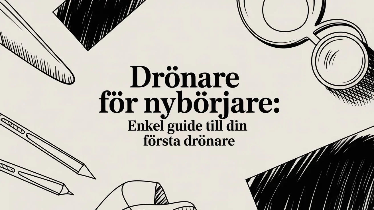 Texten Drönare för nybörjare med svartvitt illustration av pennor, anteckningsbok och glasögon