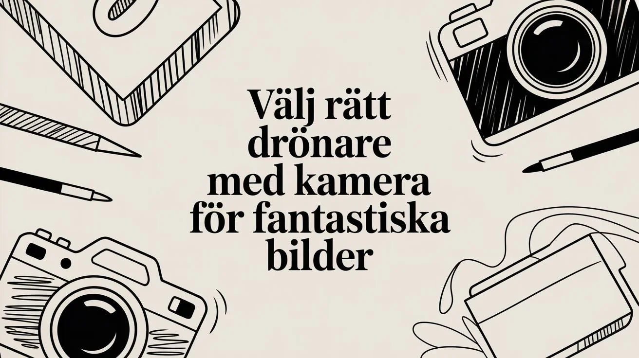 Svartvita tecknade kameror och pennor runt texten om att välja rätt kameradrönare för fantastiska bilder