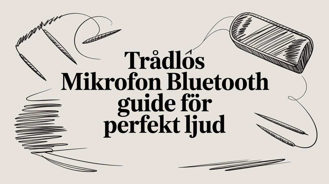 Illustration med trådlös Bluetooth-mikrofon och skisslinjer med textguide för perfekt ljud