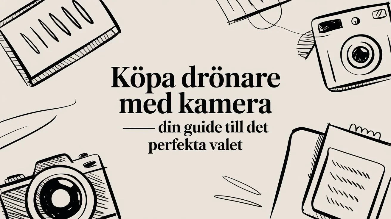 Illustrerad guide för att köpa drönare med kamera, med skisser av kameror och anteckningar