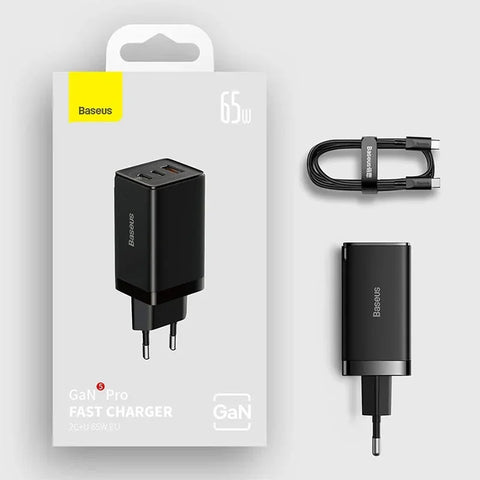 Baseus GaN5 PRO Fast Charger - Väggladdare - Snabbladdare QC4+ / PD 65W - 100-240V till USB - 3xUSB Typ A/C - Svart