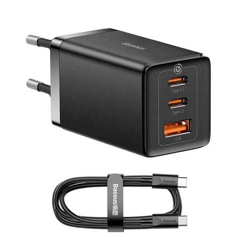 Baseus GaN5 PRO Fast Charger - Väggladdare - Snabbladdare QC4+ / PD 65W - 100-240V till USB - 3xUSB Typ A/C - Svart