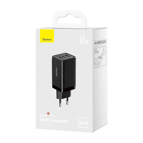 Baseus GaN5 PRO Fast Charger - Väggladdare - Snabbladdare QC4+ / PD 65W - 100-240V till USB - 3xUSB Typ A/C - Svart