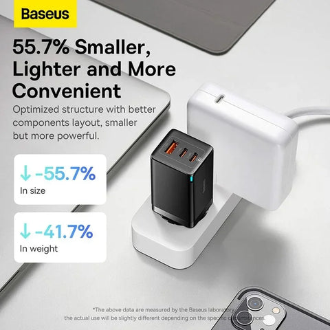 Baseus GaN5 PRO Fast Charger - Väggladdare - Snabbladdare QC4+ / PD 65W - 100-240V till USB - 3xUSB Typ A/C - Svart