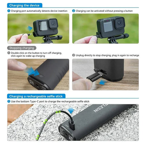 Telesin Selfiepinne med 10000mAh Power Bank, USB- C, QC / PD 18W, 216-900mm - Kit