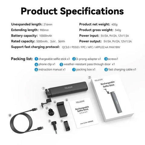 Telesin Selfiepinne med 10000mAh Power Bank, USB- C, QC / PD 18W, 216-900mm - Kit