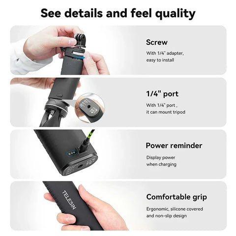 Telesin Selfiepinne med 10000mAh Power Bank, USB- C, QC / PD 18W, 216-900mm - Kit