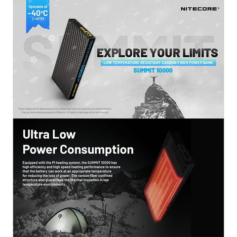 Nitecore Summit 10000 Power Bank - Batteri med Uppvärmning - 10000mAh, 2xUSB Typ A/C, QC 3.0 / PD 20W, 5V, 3A - Kolfiber