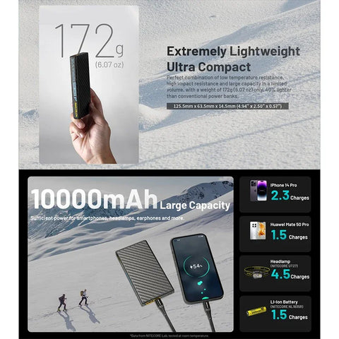 Nitecore Summit 10000 Power Bank - Batteri med Uppvärmning - 10000mAh, 2xUSB Typ A/C, QC 3.0 / PD 20W, 5V, 3A - Kolfiber