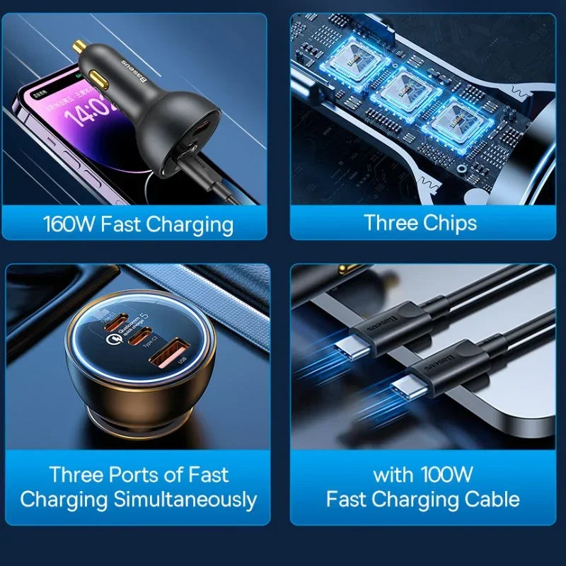 Baseus Qualcomm QC5 Car - Snabbladdare Bil QC5 / PPS 160W - 3xUSB Typ A/C - Svart - Action King