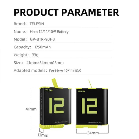 Telesin Batteri till GoPro Hero12/11/10/9 Black - ersätter SPBL1B - 1750mAh