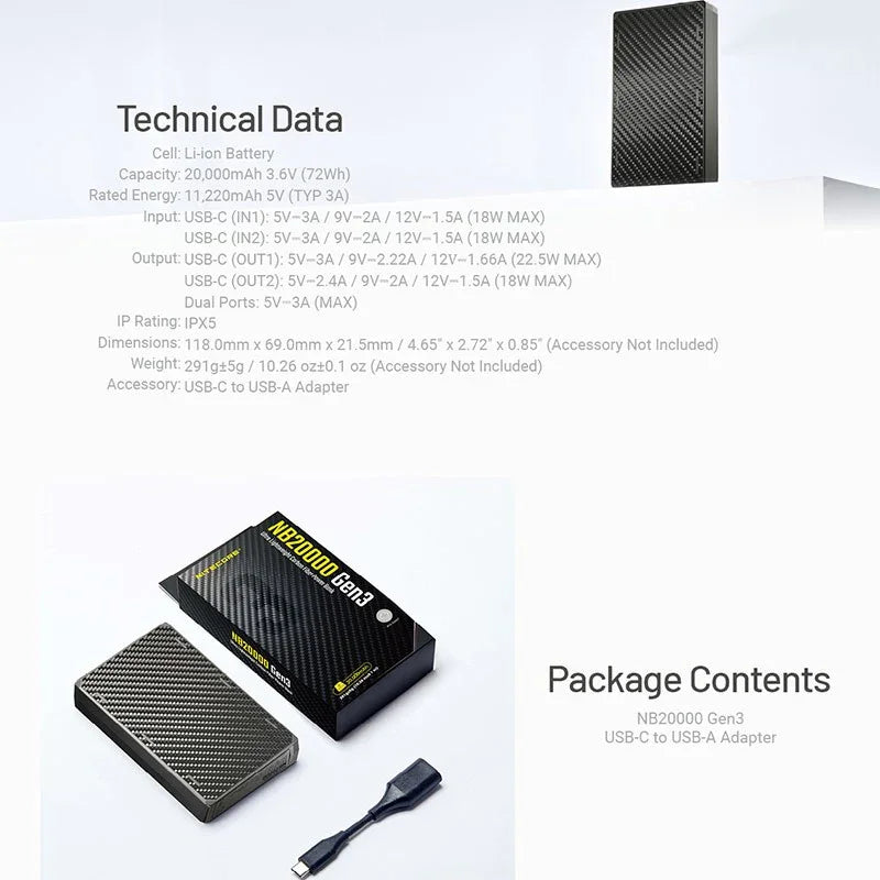 Nitecore NB20000 GEN3 Power bank - 20000mAh, 2xUSB-C, QC 3.0 / PD - Kolfiber - Action King