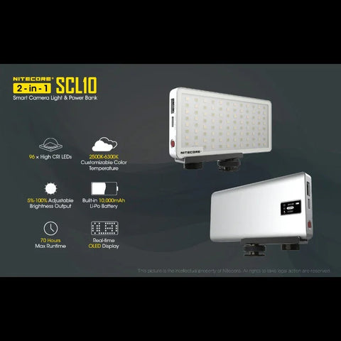 Nitecore SCL10 Smart Camera Light & Power Bank 2-in1- LED-Belysning & Portabelt batteri - 10000mAh, QC 3.0 / PD 18W