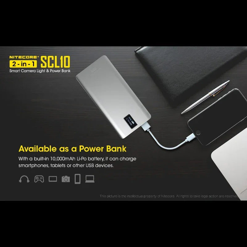 Nitecore SCL10 Smart Camera Light & Power Bank 2-in1- LED-Belysning & Portabelt batteri - 10000mAh, QC 3.0 / PD 18W - Action King