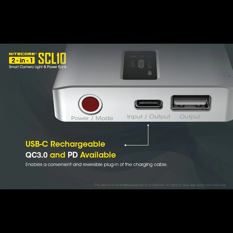 Nitecore SCL10 Smart Camera Light & Power Bank 2-in1- LED-Belysning & Portabelt batteri - 10000mAh, QC 3.0 / PD 18W - Action King