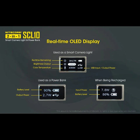 Nitecore SCL10 Smart Camera Light & Power Bank 2-in1- LED-Belysning & Portabelt batteri - 10000mAh, QC 3.0 / PD 18W