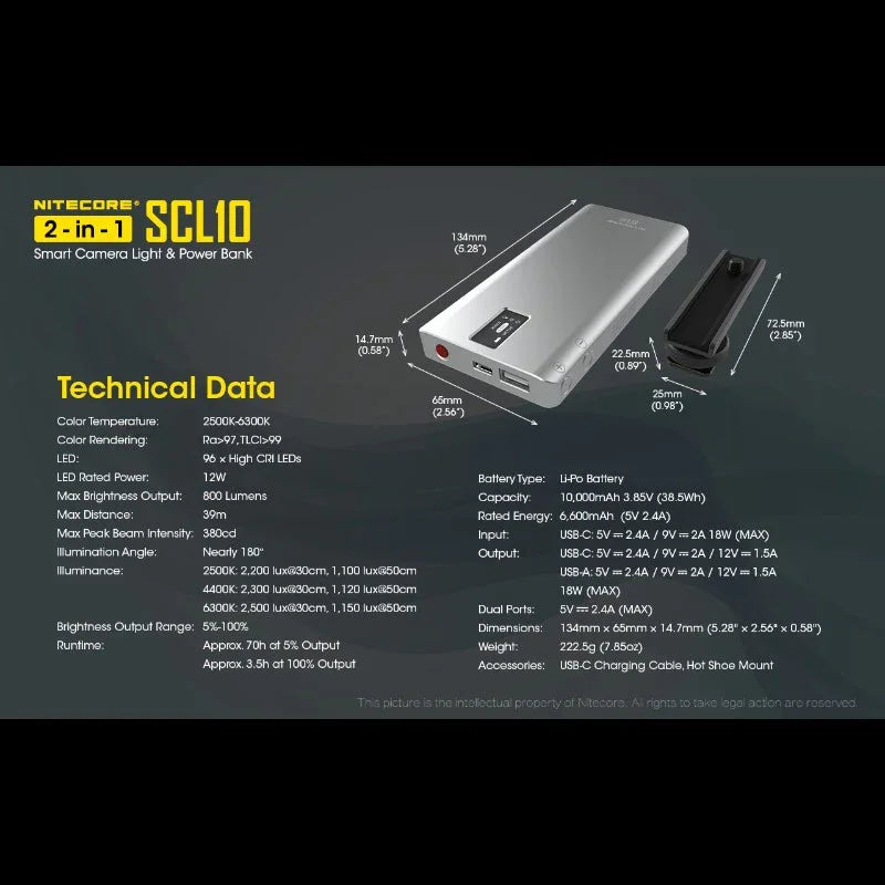 Nitecore SCL10 Smart Camera Light & Power Bank 2-in1- LED-Belysning & Portabelt batteri - 10000mAh, QC 3.0 / PD 18W - Action King