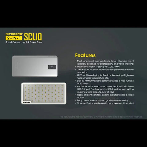 Nitecore SCL10 Smart Camera Light & Power Bank 2-in1- LED-Belysning & Portabelt batteri - 10000mAh, QC 3.0 / PD 18W