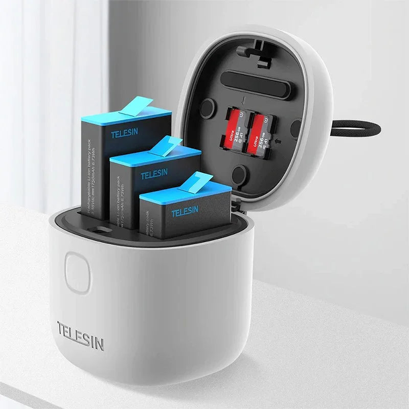 Telesin Batteriladdare allInBox med förvaring för batterier + microSD Läsare - Trippel - för GoPro Hero12/11/10/9 Black - Action King