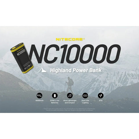 Nitecore NC10000 Highland Power bank - Portabelt batteri Dual LED - 10000mAh, 1xUSB-C, QC 3.0 / PD 20W, 5V, 3A