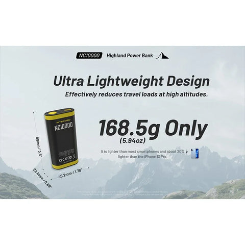 Nitecore NC10000 Highland Power bank - Portabelt batteri Dual LED - 10000mAh, 1xUSB-C, QC 3.0 / PD 20W, 5V, 3A