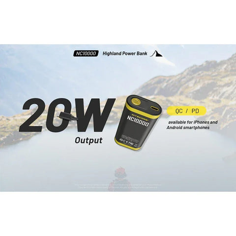 Nitecore NC10000 Highland Power bank - Portabelt batteri Dual LED - 10000mAh, 1xUSB-C, QC 3.0 / PD 20W, 5V, 3A