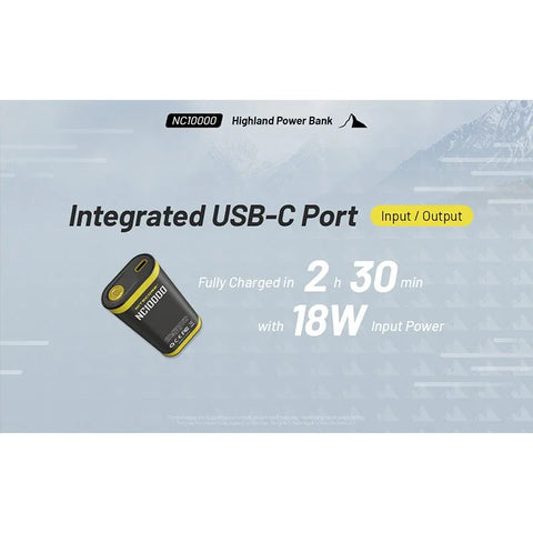 Nitecore NC10000 Highland Power bank - Portabelt batteri Dual LED - 10000mAh, 1xUSB-C, QC 3.0 / PD 20W, 5V, 3A