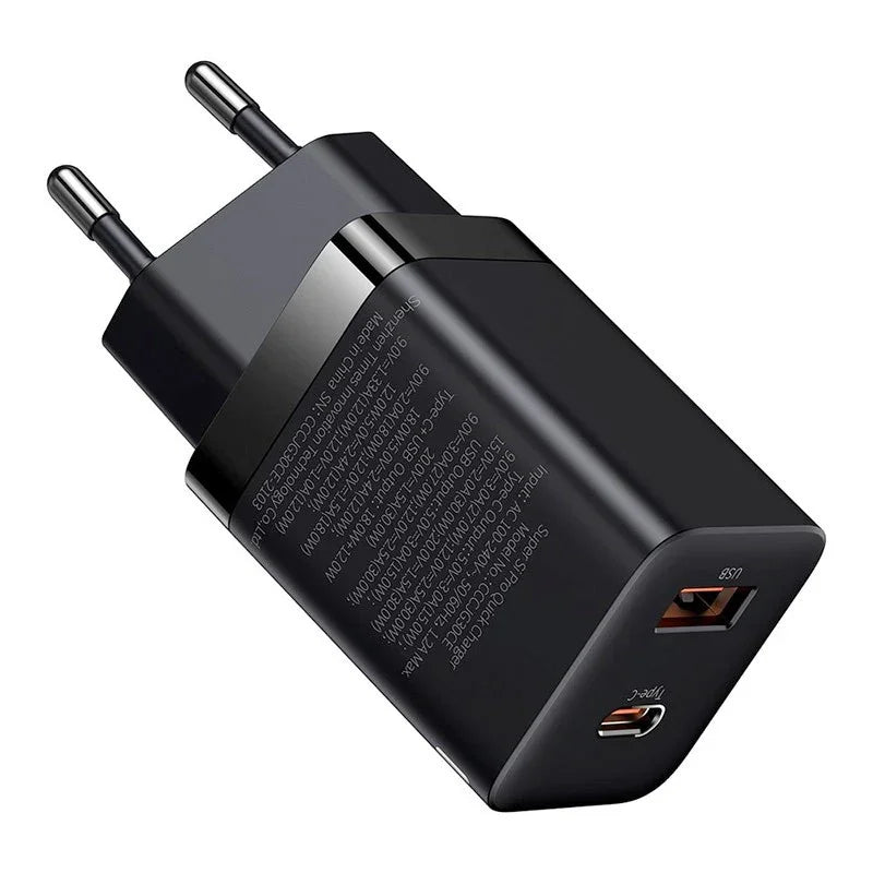 Baseus Super Si Pro Quick Charger - Väggladdare - Snabbladdare QC3.0 / PD 30W - 100-240V till USB - 2xUSB Typ A/C - Svart - Action King