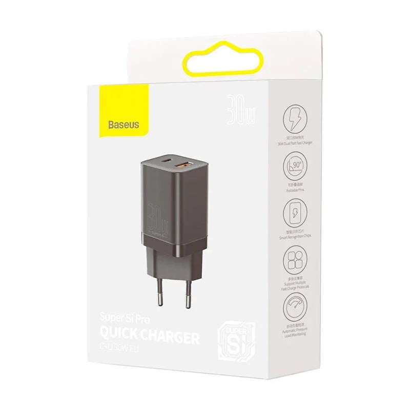 Baseus Super Si Pro Quick Charger - Väggladdare - Snabbladdare QC3.0 / PD 30W - 100-240V till USB - 2xUSB Typ A/C - Svart - Action King