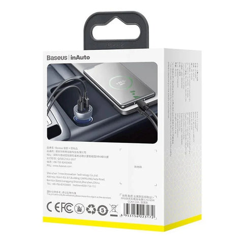 Baseus Particular Digital Display Car - Snabbladdare Bil QC4+ / PPS 65W - 2xUSB Typ A/C, Med Display - Grå