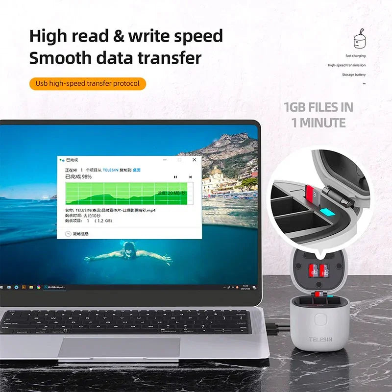 Telesin batterier 3st och allInBox med förvaring för batterier + microSD Läsare - Trippel - för GoPro Hero12/11/10/9 Black - Action King